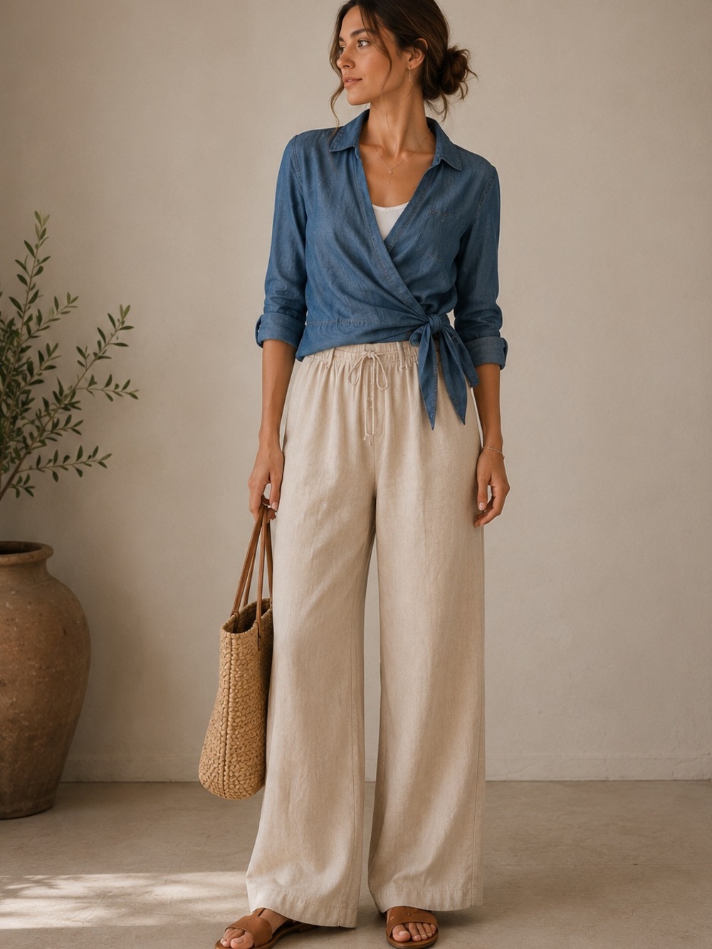 CLOTH & STONE | 100% Tencel Chambray Wrap Tie Front Blouse Size S